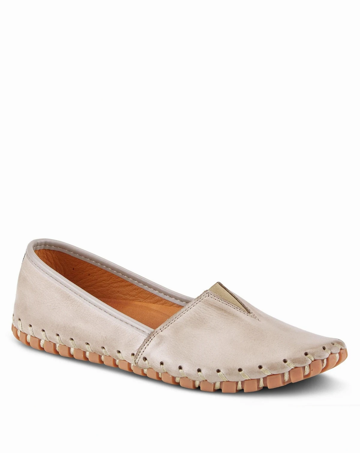 Kathaleta Leather Slip-On Comfort Flats with V-Elastic Notch, Arch Support & Removable Insole