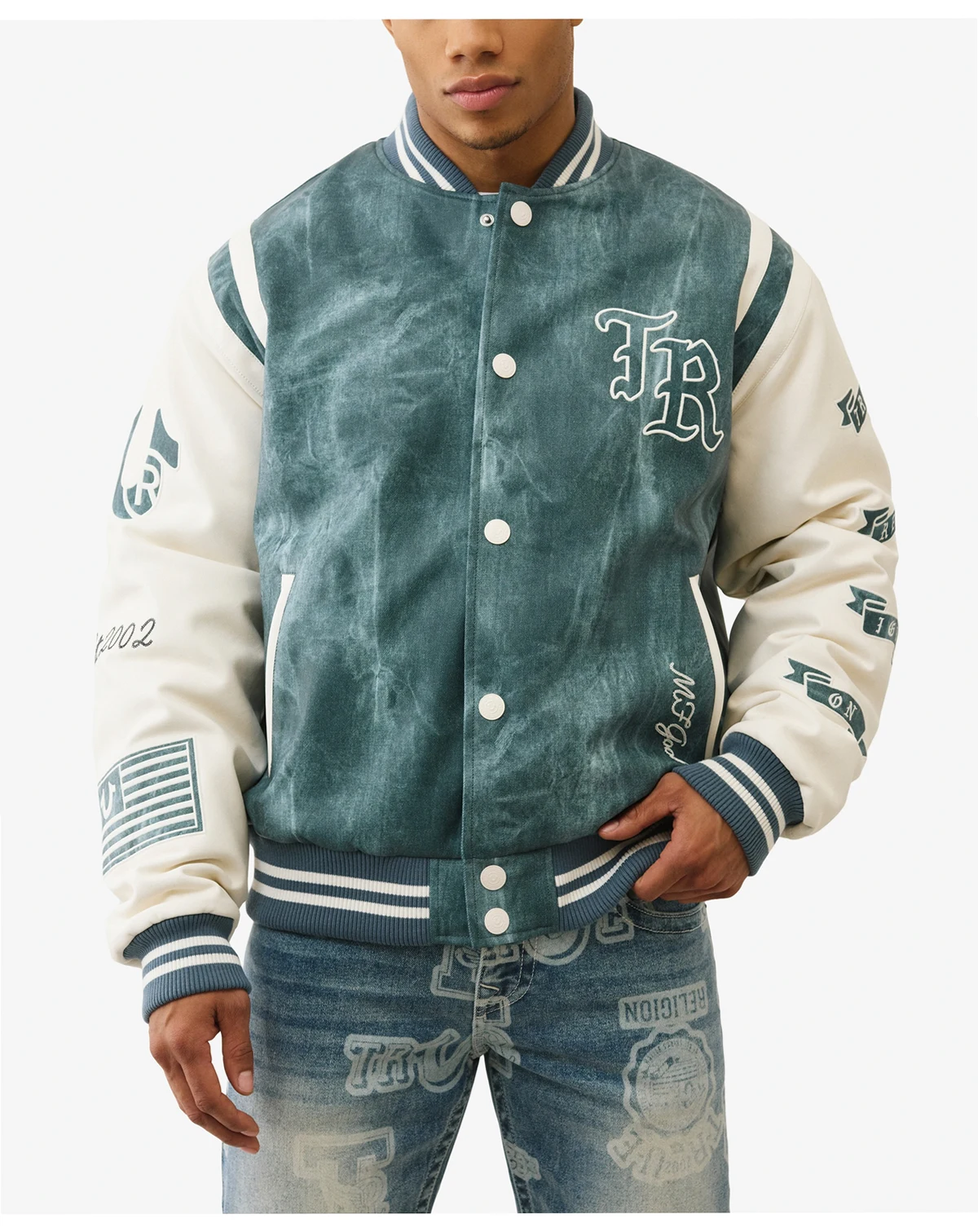 Men's Denim Print Retro Varsity Jacket