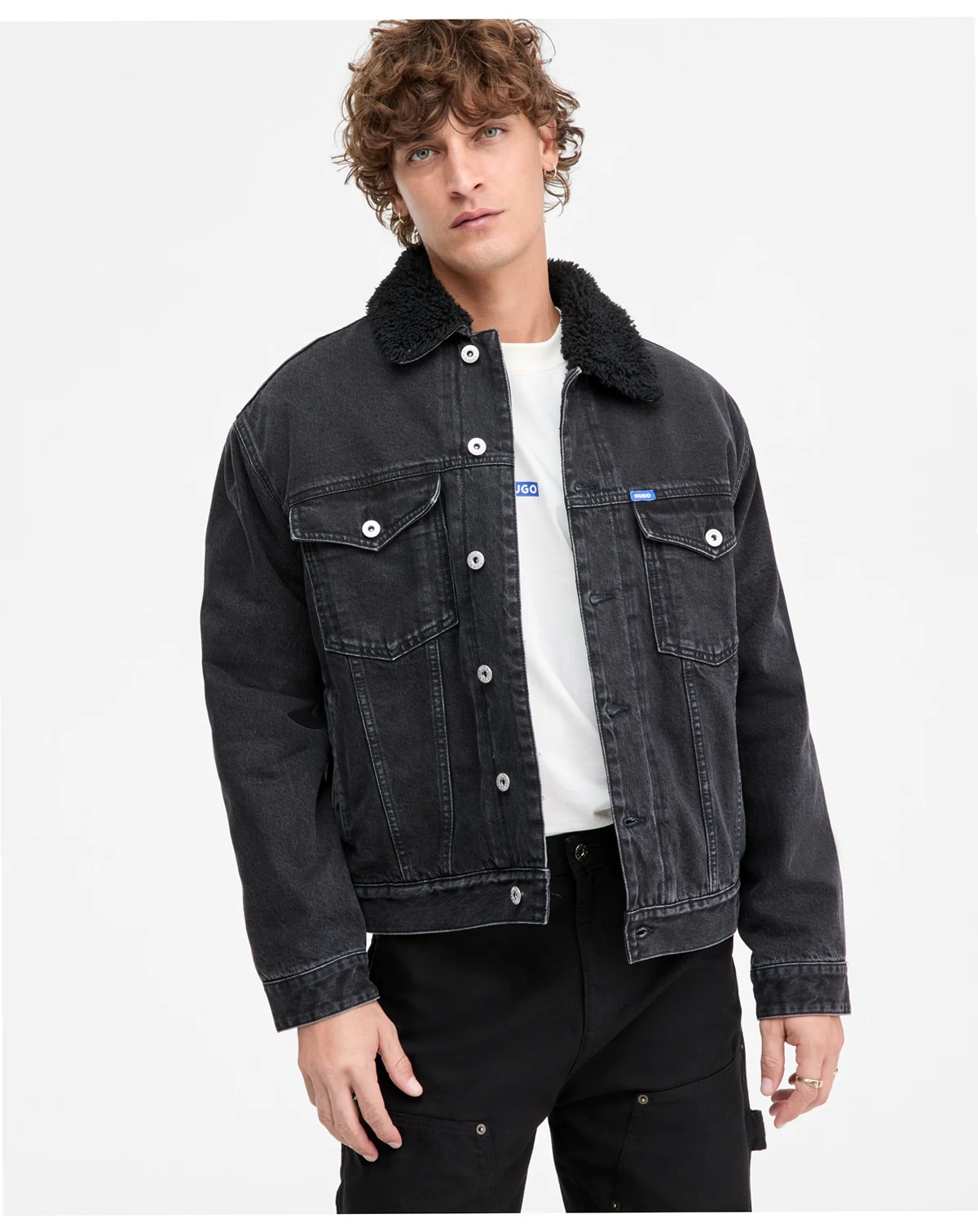 Dex Stone Wash Denim Trucker Jacket with Fleece Collar