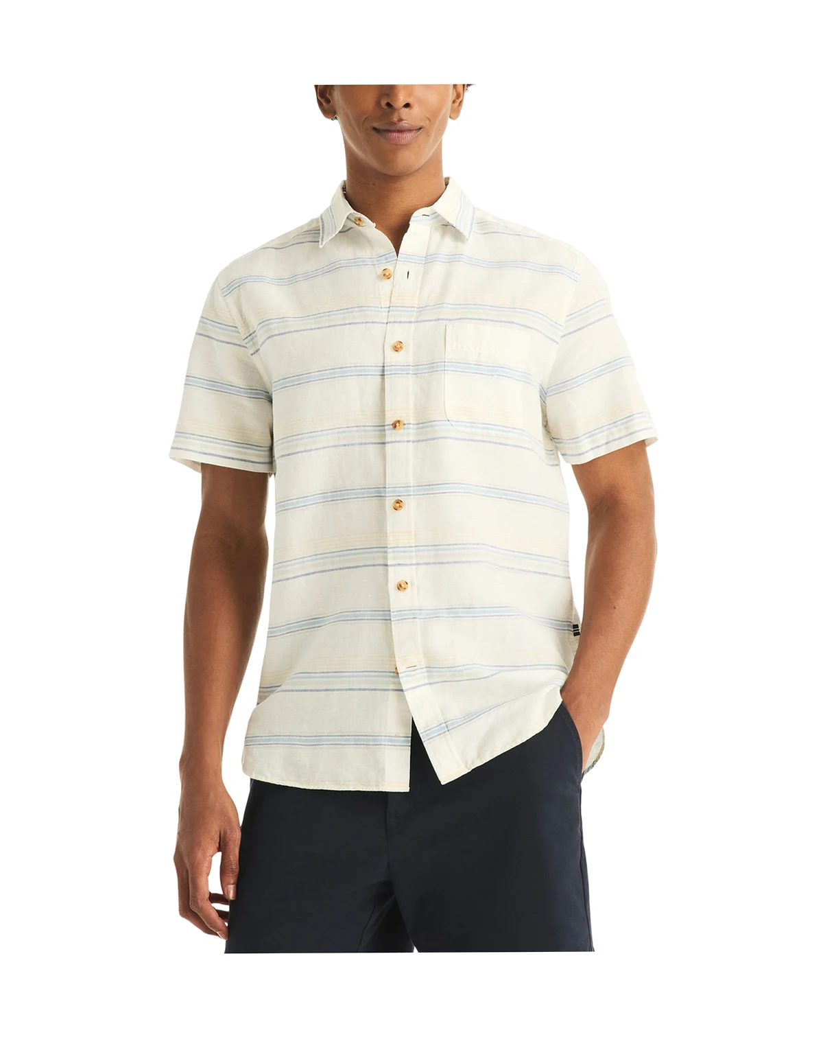 Men's Short-Sleeve Linen-Blend Horizontal Stripes Shirt