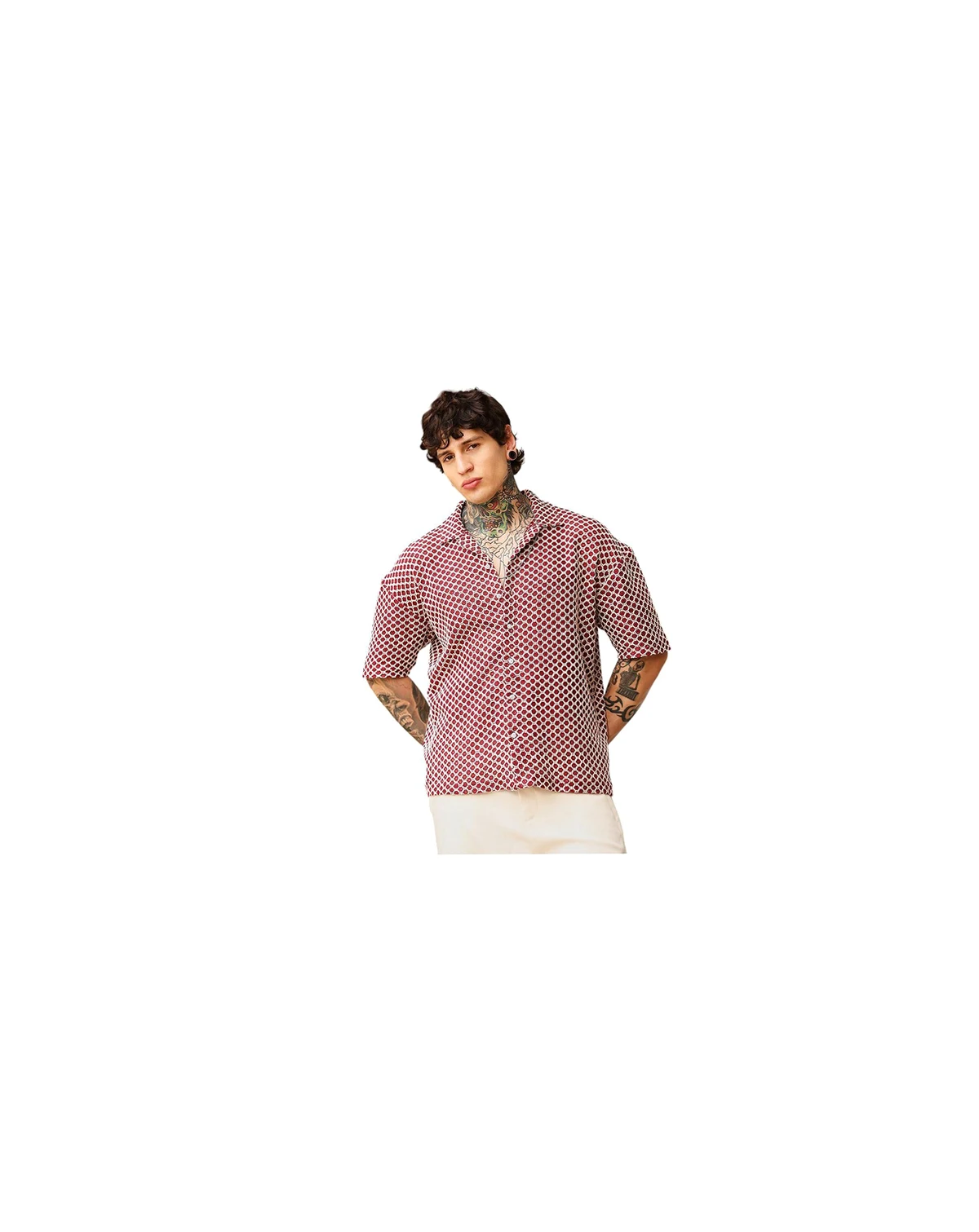Men's Crimson Red Geometric-Crochet Cuban Oversized Shirt