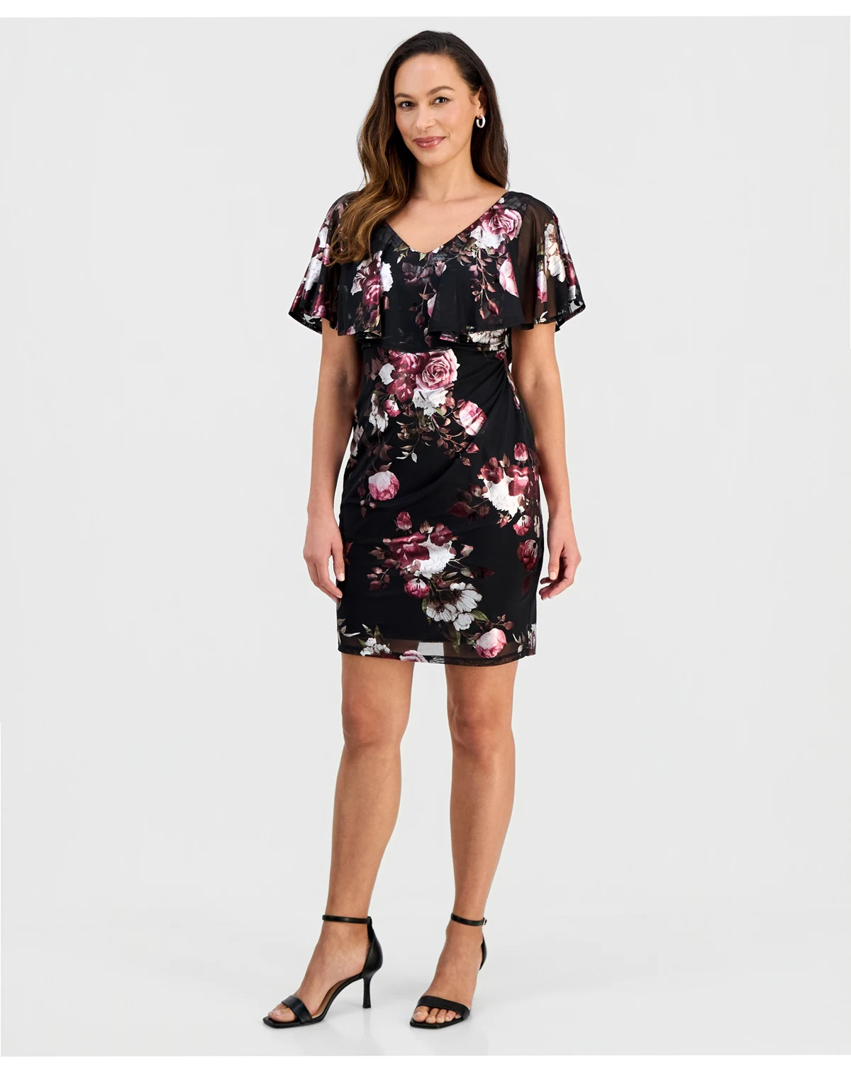 Petite Floral Print Capelet Sheath Dress