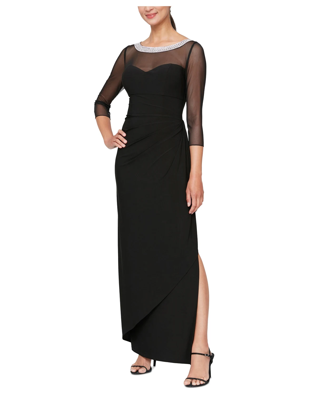 Petite 3/4-Sleeve Illusion Ruffled Gown