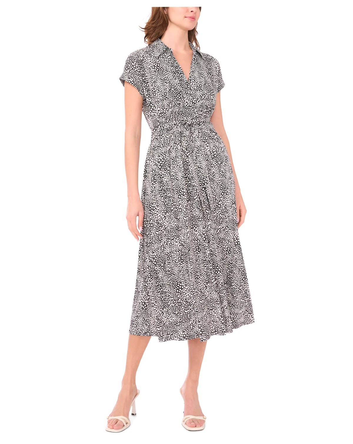 Petite Printed Belted Short-Sleeve Midi Shirt Dress