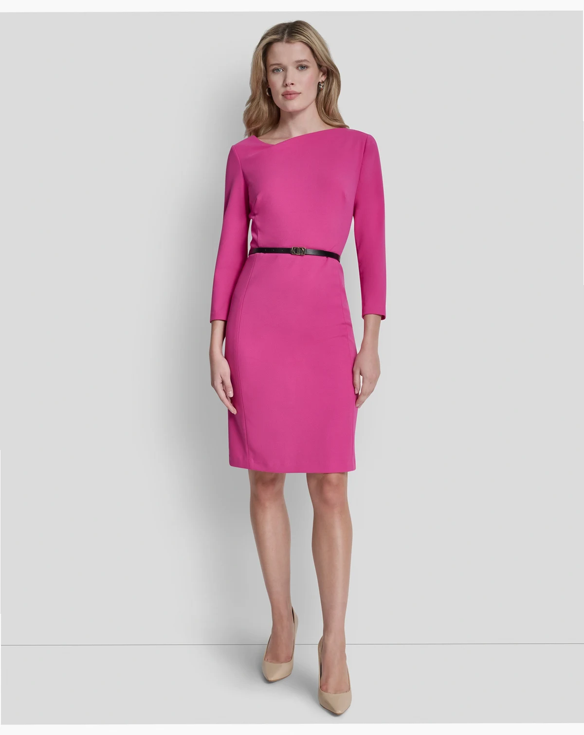 Petite Asymmetrical Neck 3/4-Length Dress