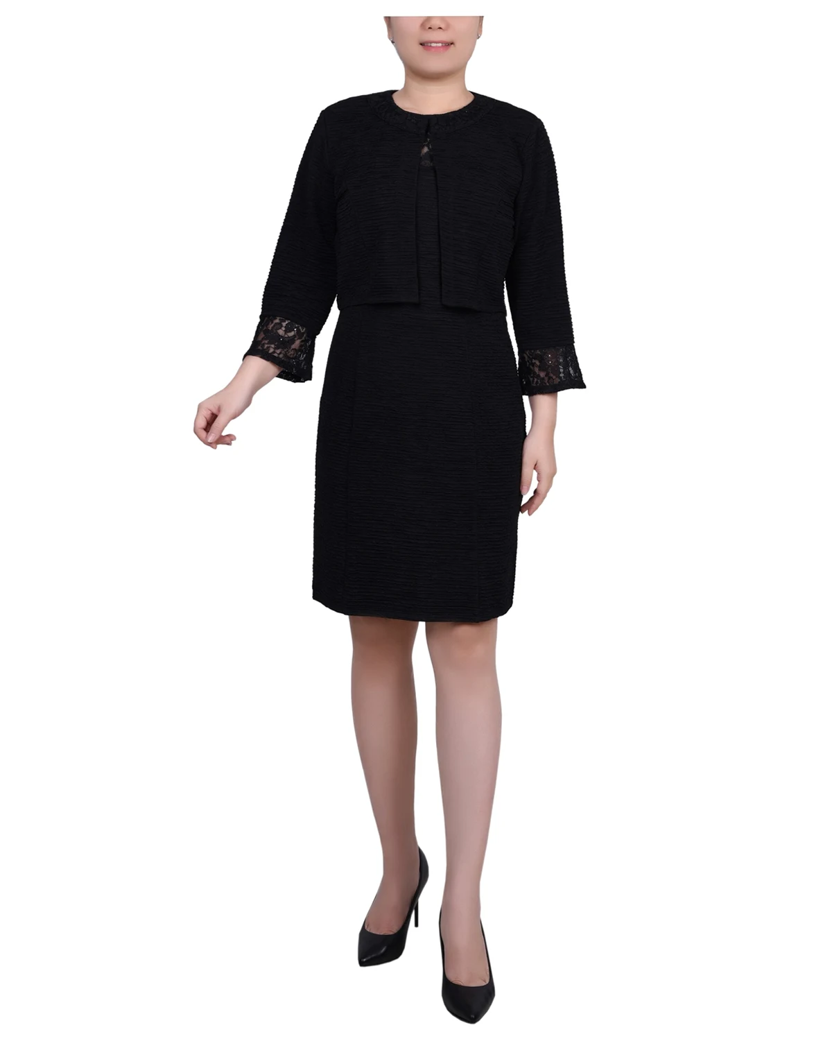 Petite Two Piece Novelty Knit and Lace Dress Set