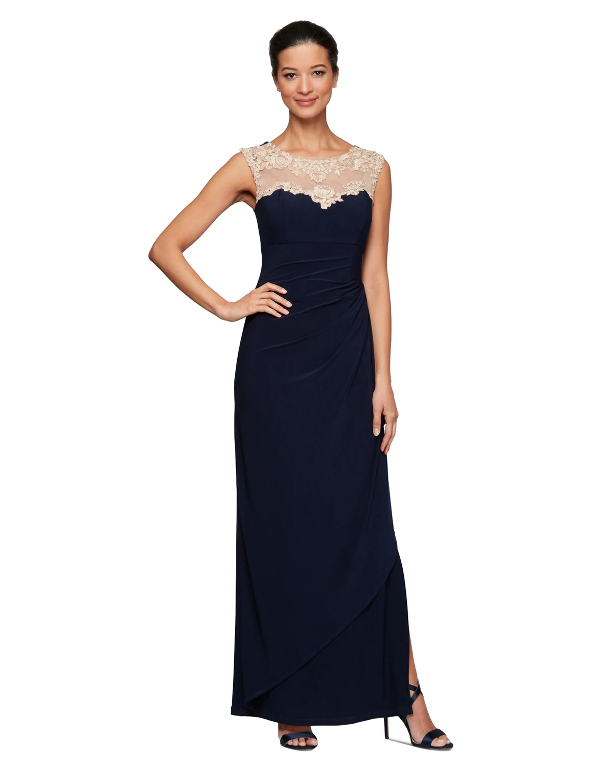 Petite Embroidered Illusion-Yoke Gown