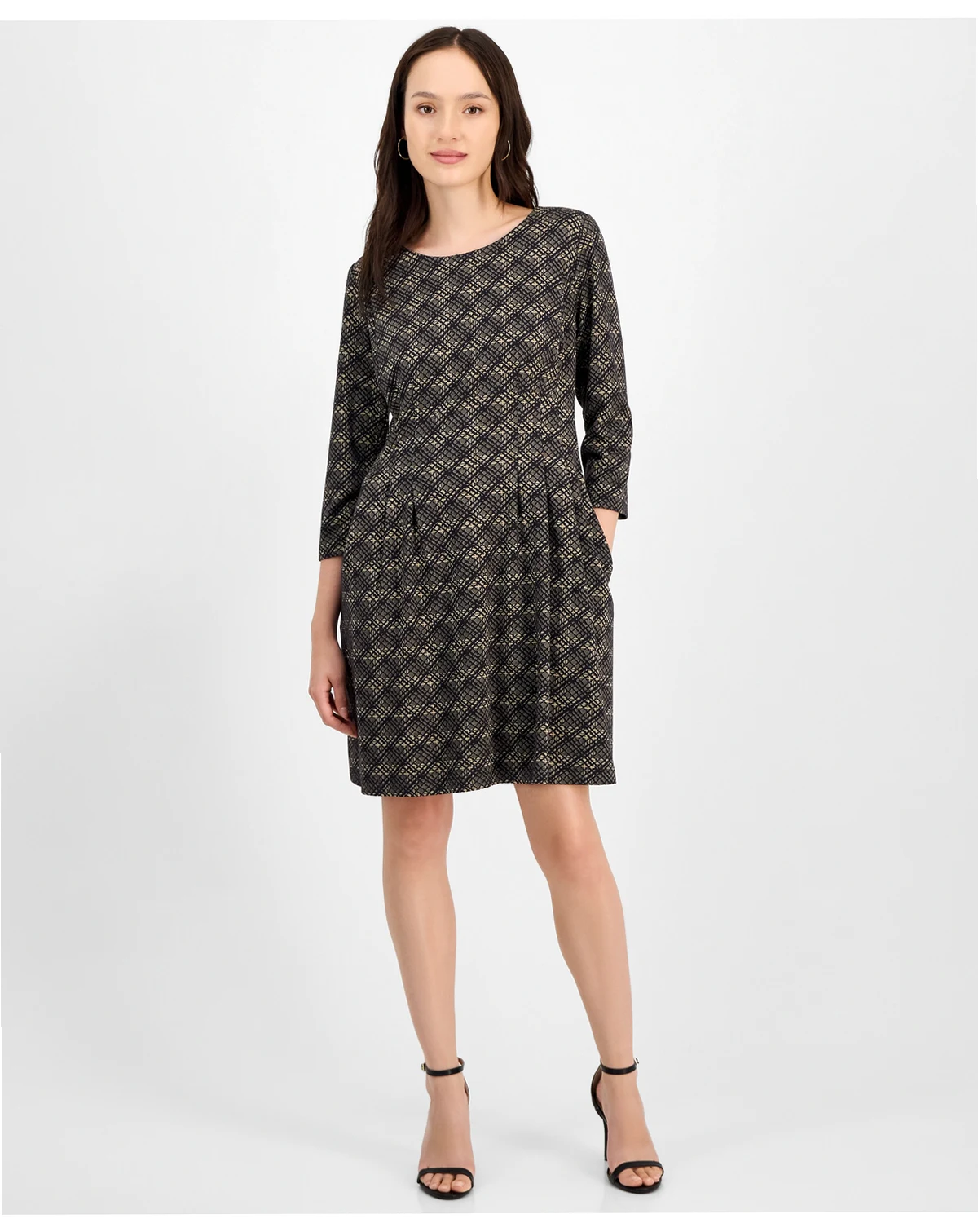 Petite Printed Round-Neck 3/4-Sleeve Dress