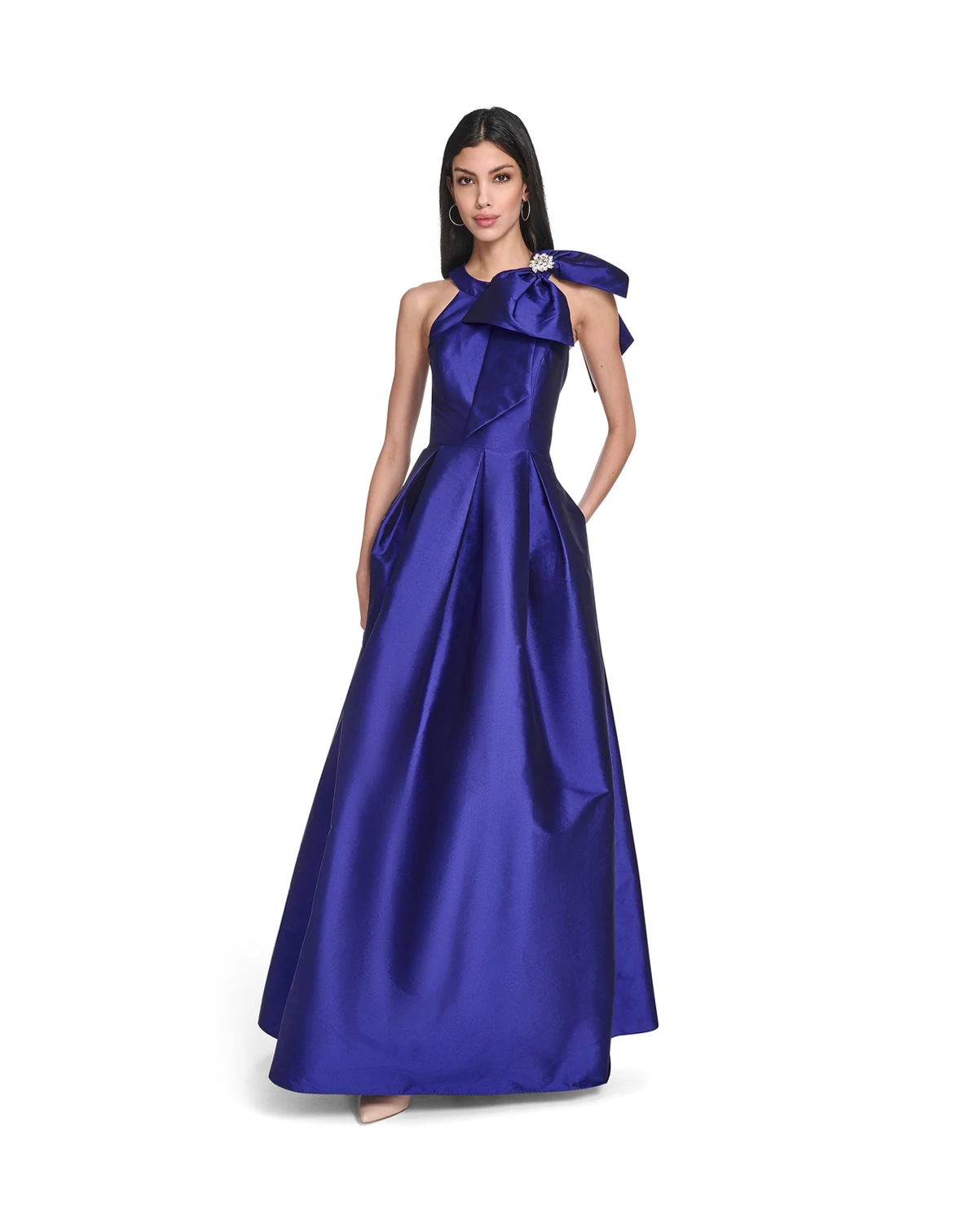 Petite Bow-Trim Halter Ball Gown