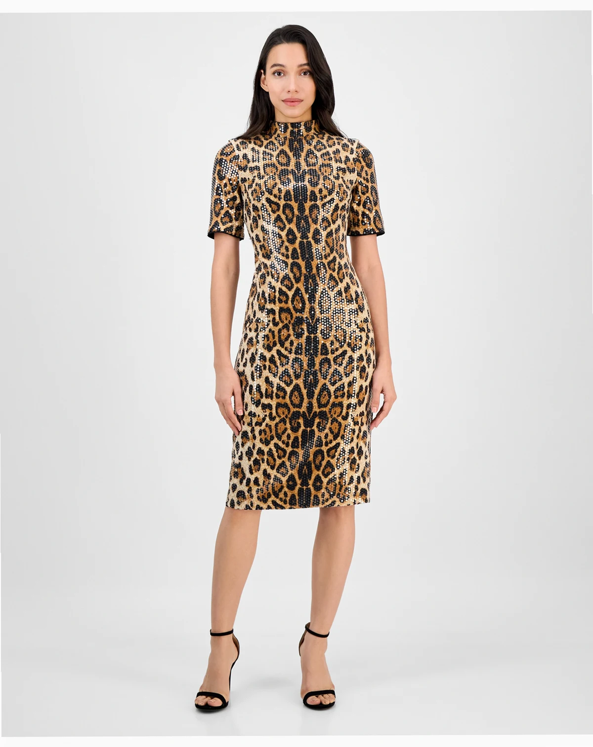 Petite Short Sleeve Sequin Cheetah Print Midi Dress