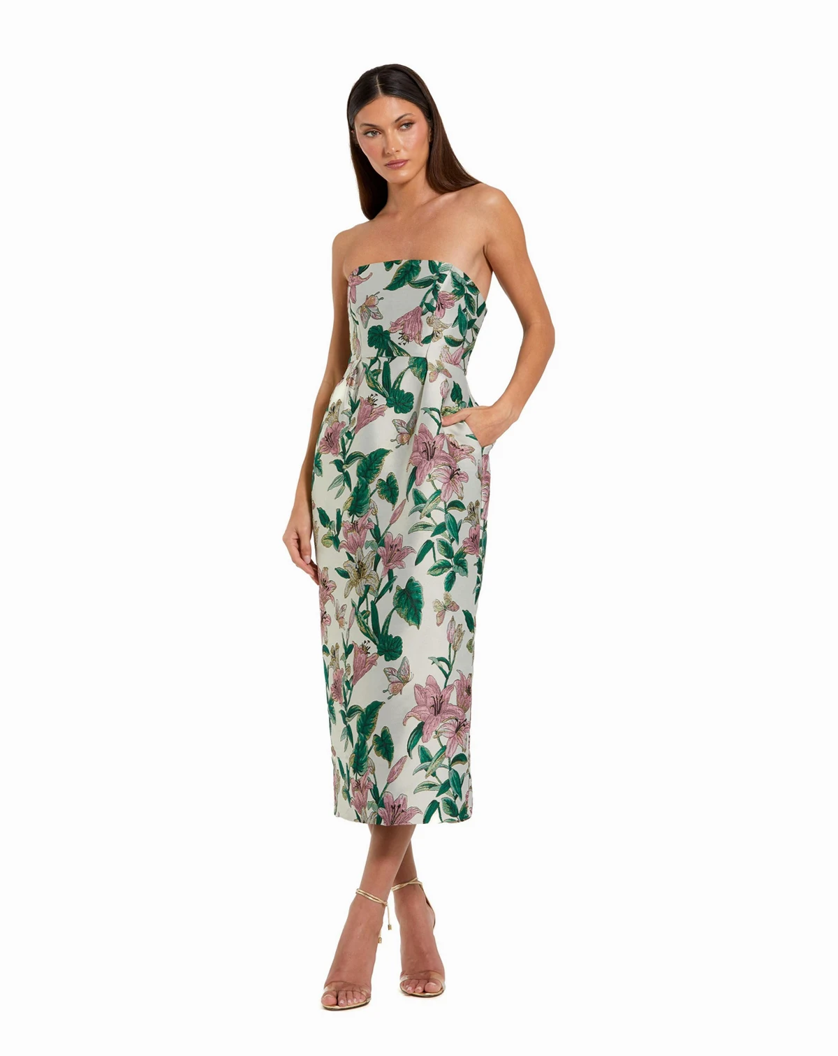 Petite Floral Brocade Strapless Fitted Midi Dress