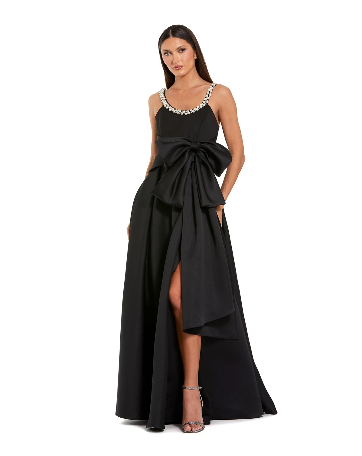 Petite Satin Gown With Pearl Neckline and Bow Detail