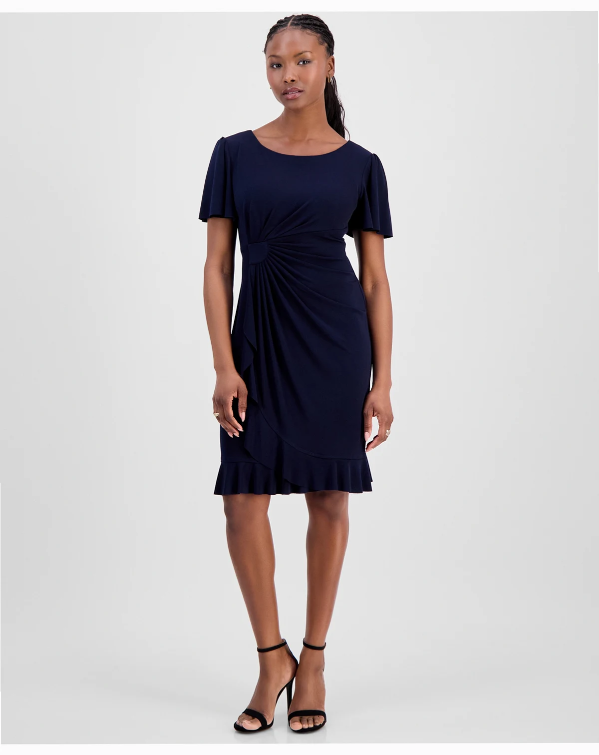 Petite Side-Gathered Flutter-Sleeve Dress