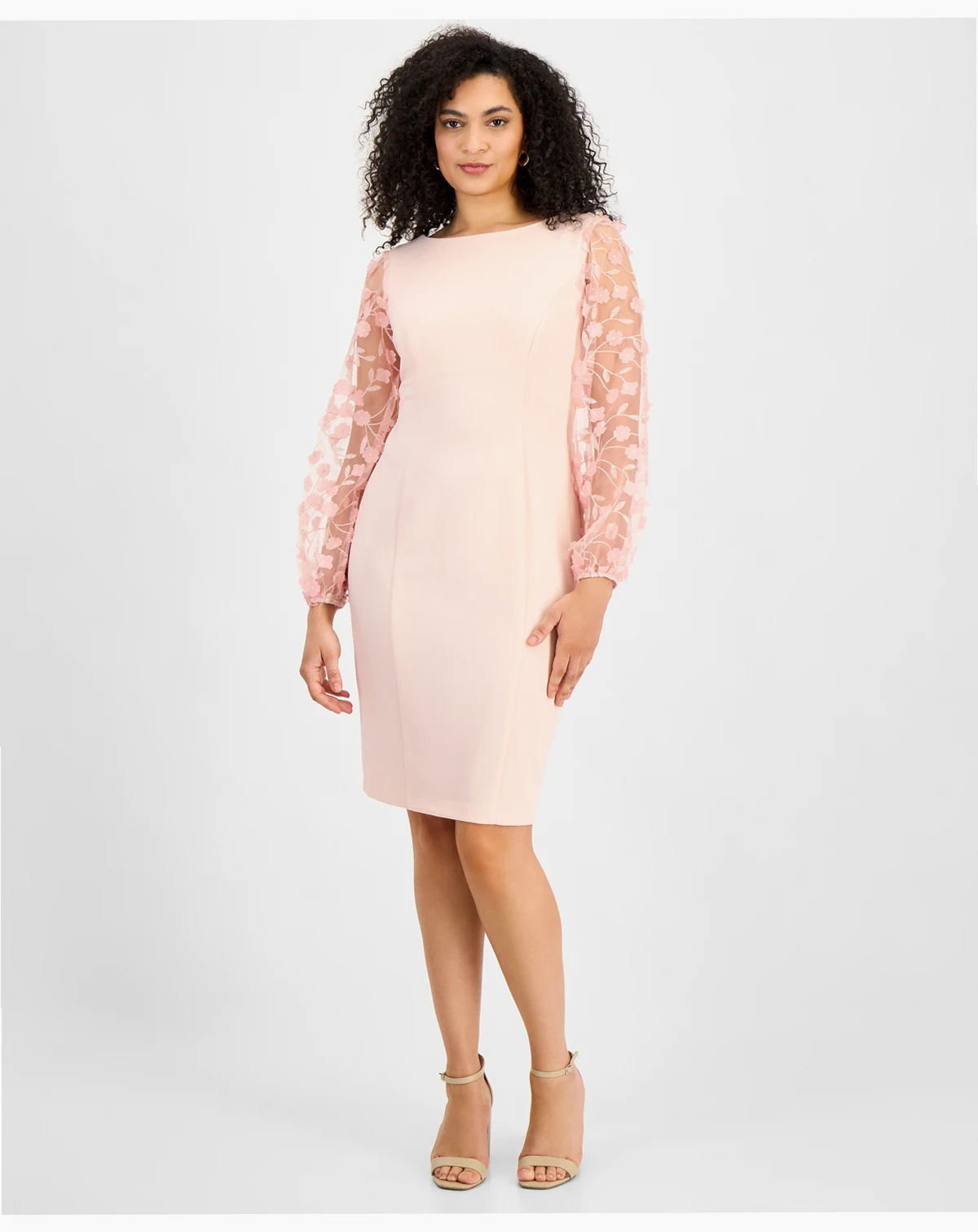 Petite Sheer-Sleeve Appliqué Sheath Dress
