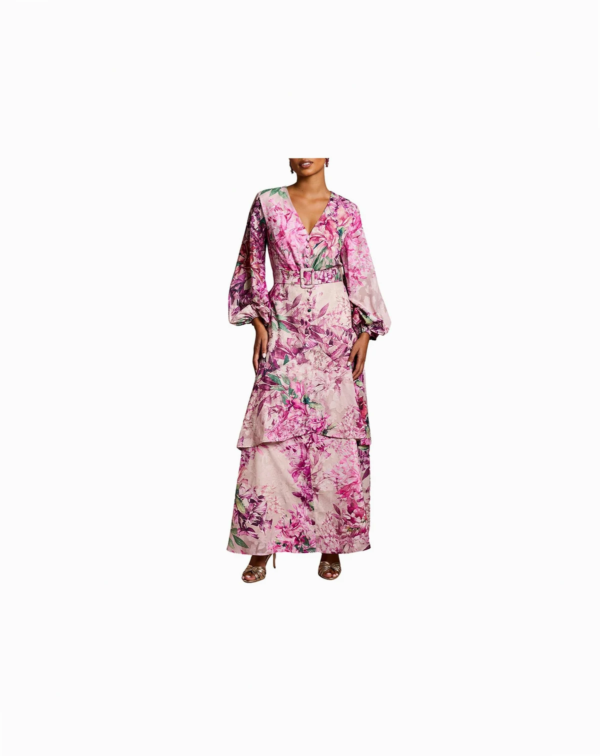 Women's Floral Print Chiffon Belted Midaxi Dress