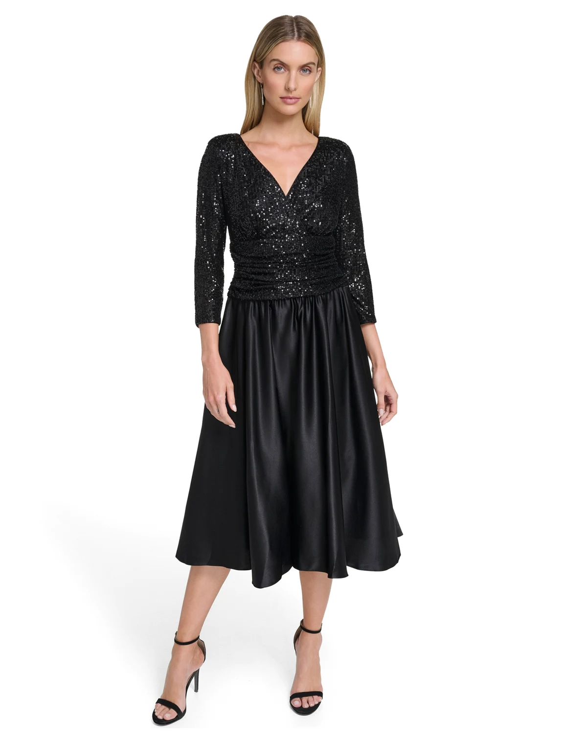 Petite 3/4-Sleeve V-Neck Sequin Midi Dress