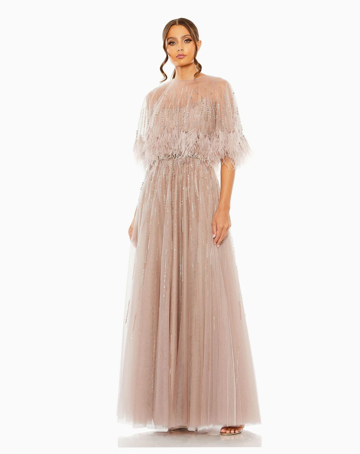 Women's Embellished A Line Dress with Feather Detail Cape