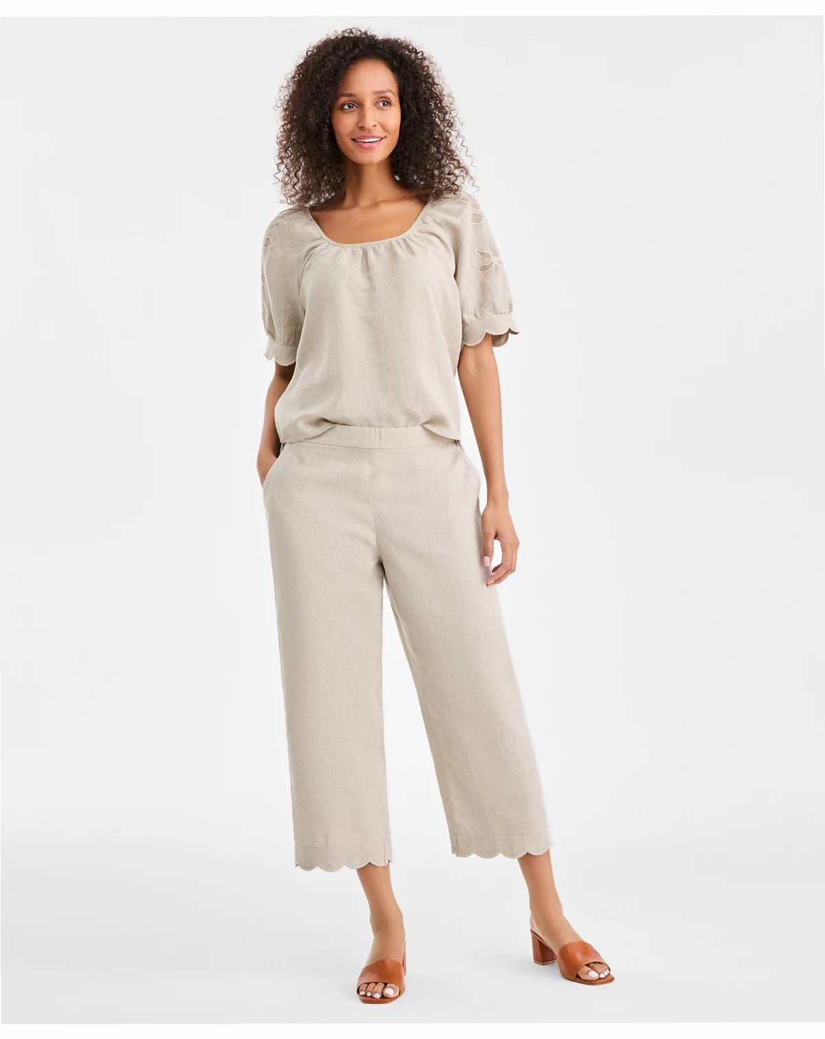 Women's 100% Linen Cropped Scalloped-Hem Wide-Leg Pants, Macy's Exclusive