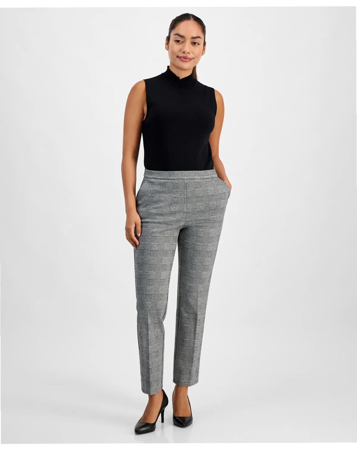 AK Anne Klein Petite Glen Plaid Straight-Leg Pants