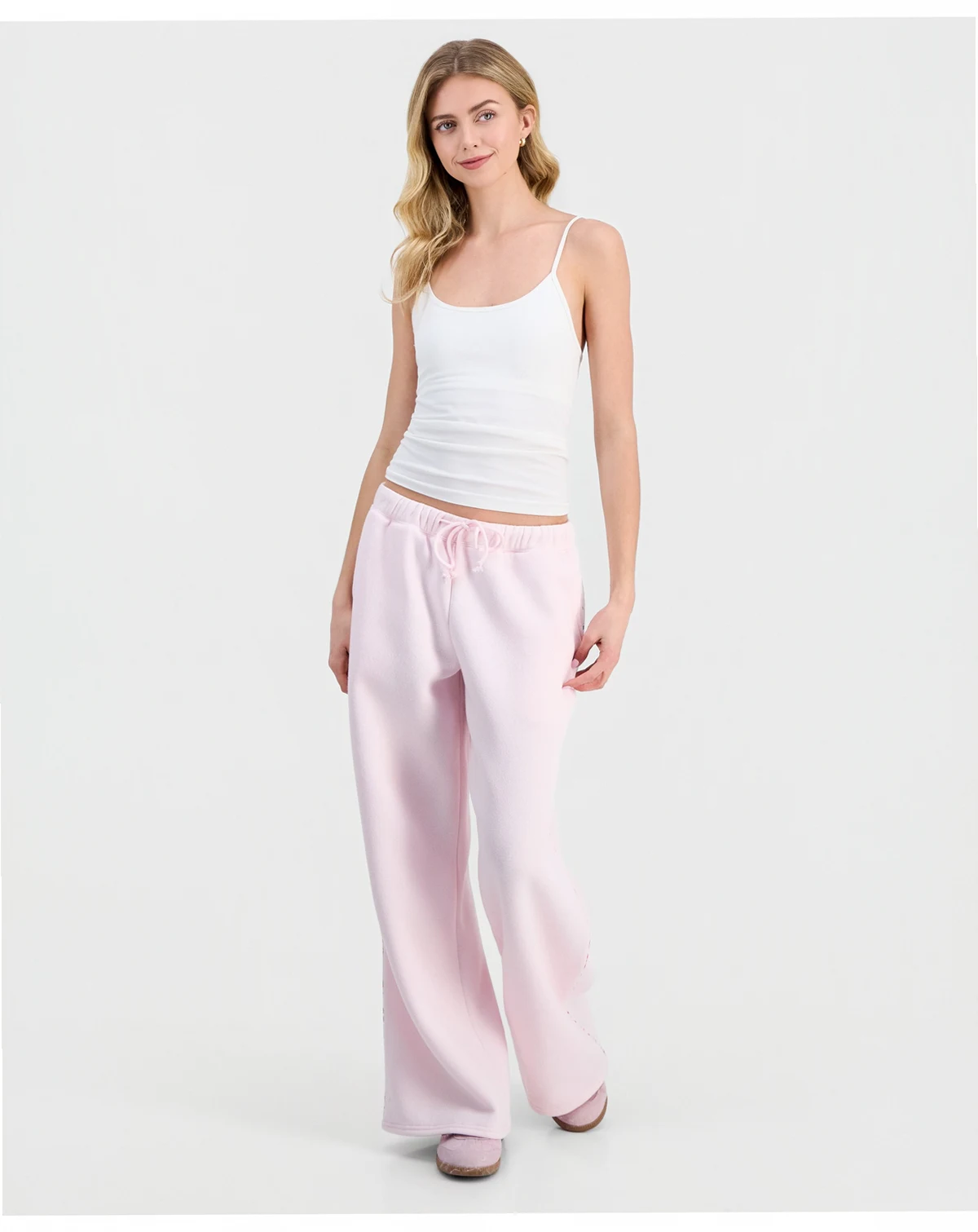 Juniors' Floral Piped Fleece Wide-Leg Pants