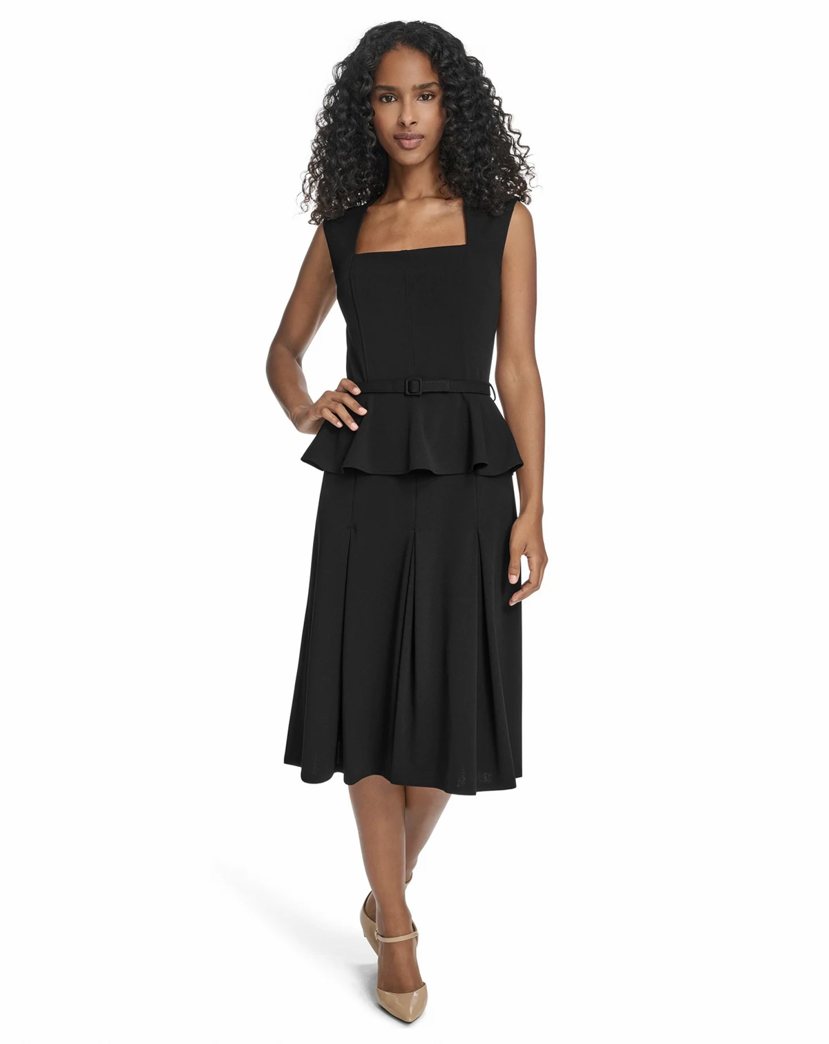 Women's Square-Neck Belted Midi Dress