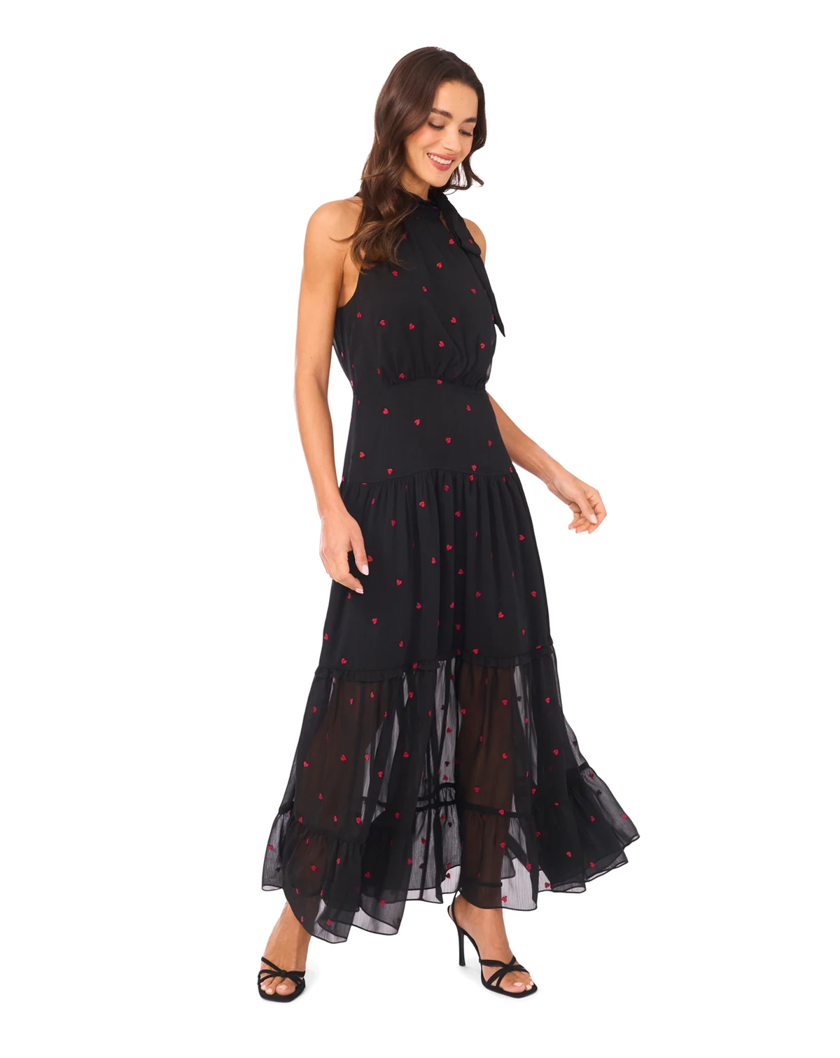 Women's Halter Tie Neck Tiered Heart Embroidered Maxi Dress