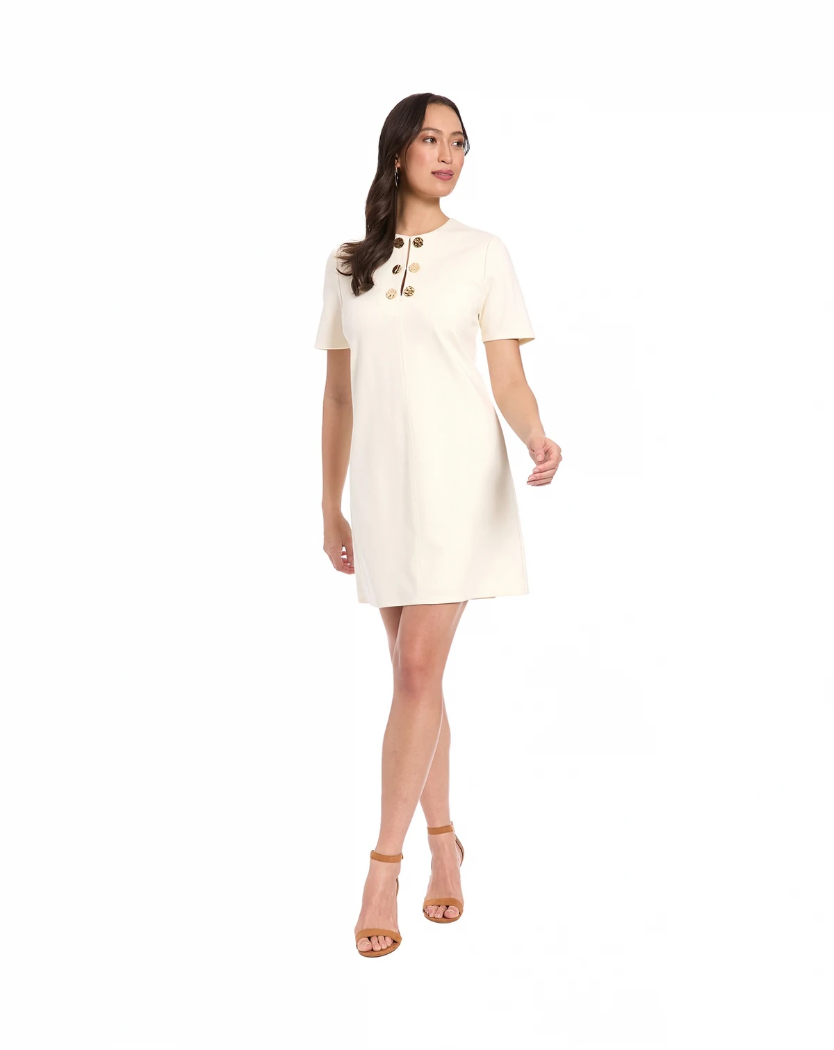 Women's Novelty Button Crewneck Shift Short Dress