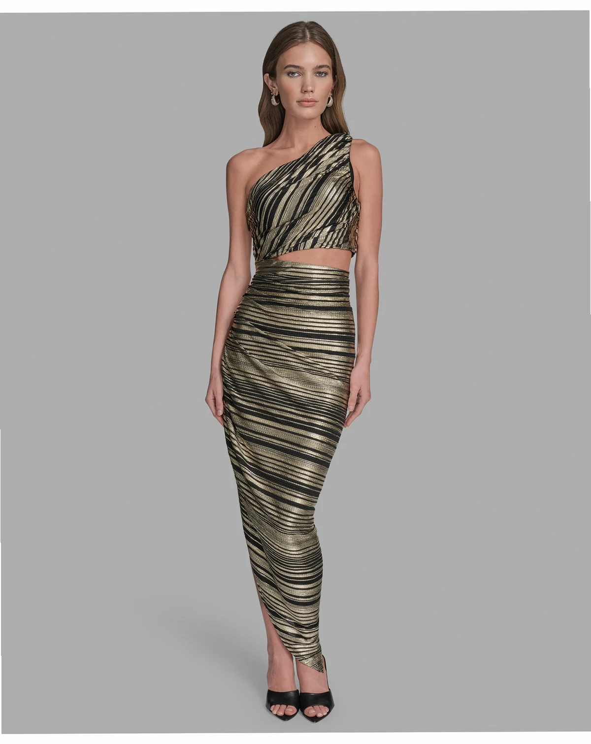 Women's Striped Asymmetrical One Shoulder Midi Dress