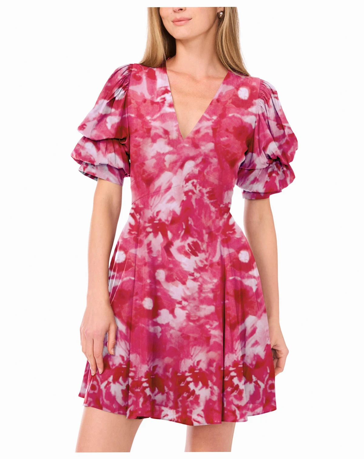 Women's V-Neck Short Bubble Sleeve Mini Dress