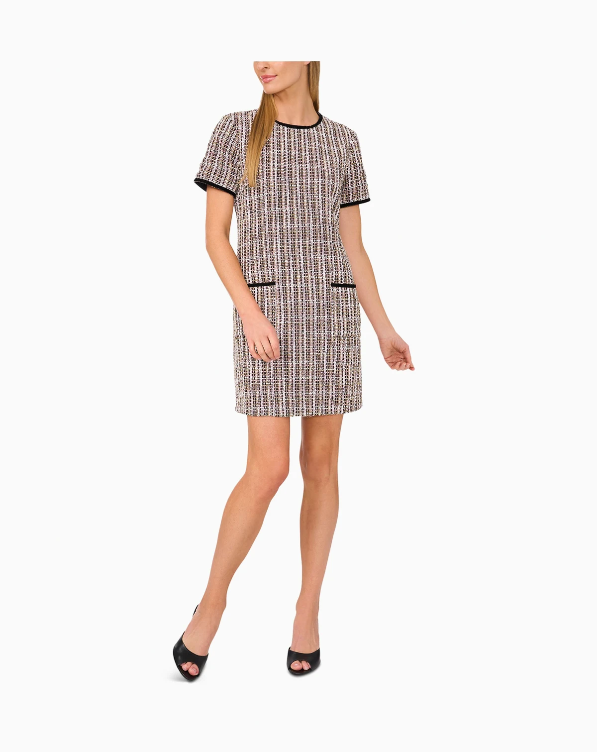Women's Contrast-Trim Tweed Short-Sleeve Dress