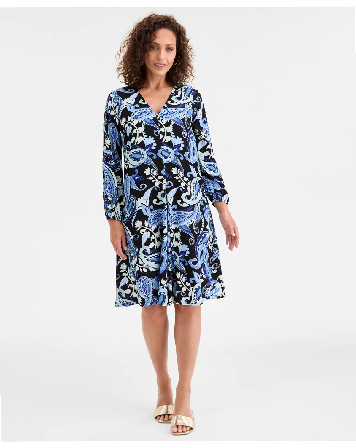 Women's Paisley-Print V-Neck Long-Sleeve Dress, Macy's Exclusive