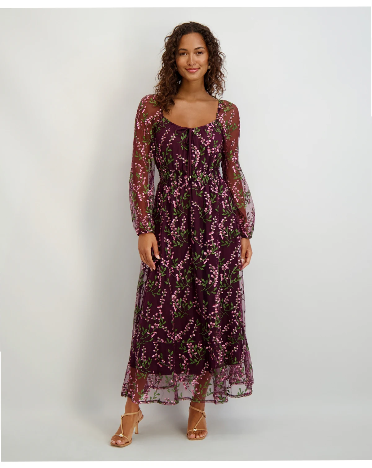 Women's Sweetheart Neck Long Sleeve Embroidered Dress