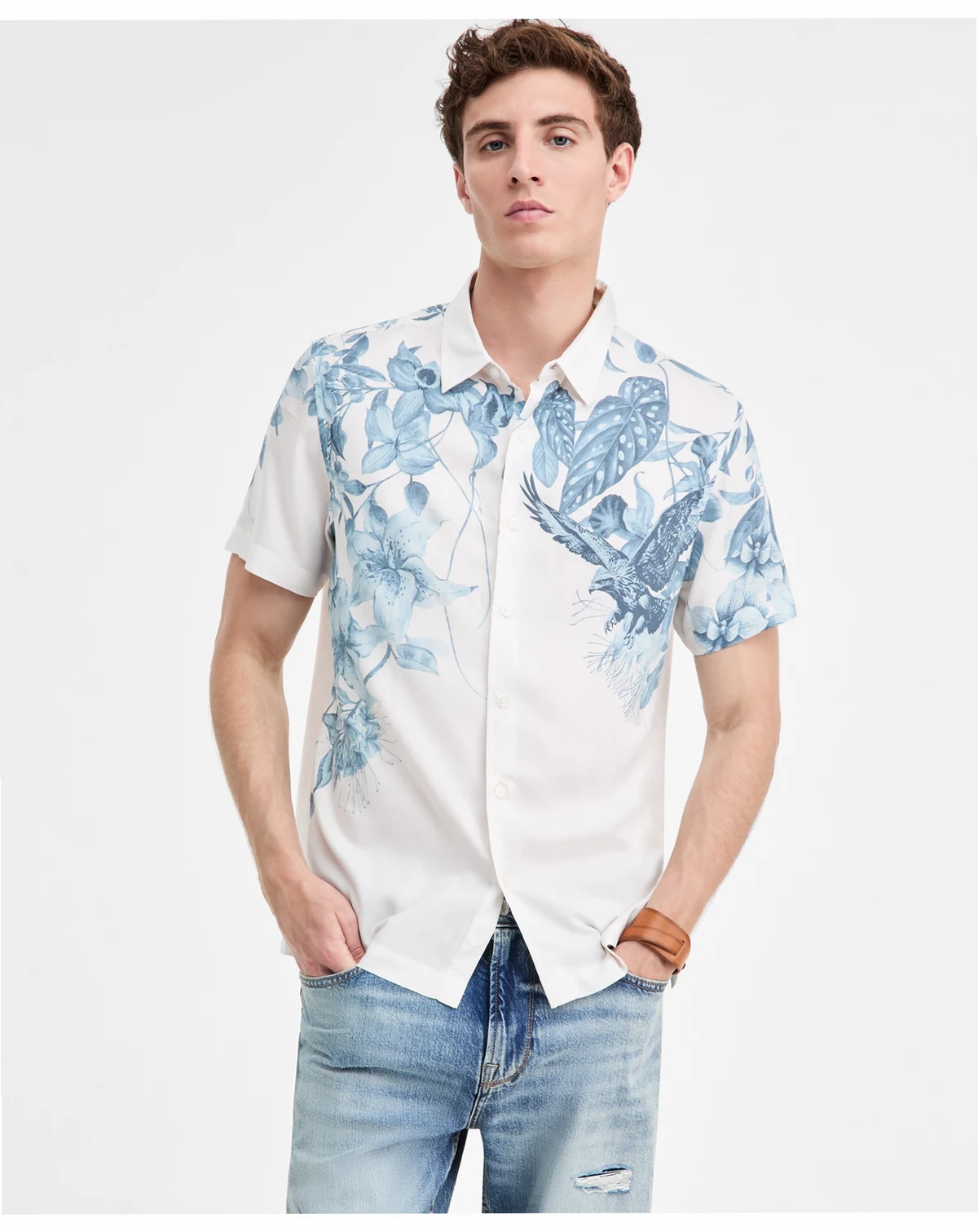 Men's Short Sleeve Tropical Print Button-Front Camp Shirt