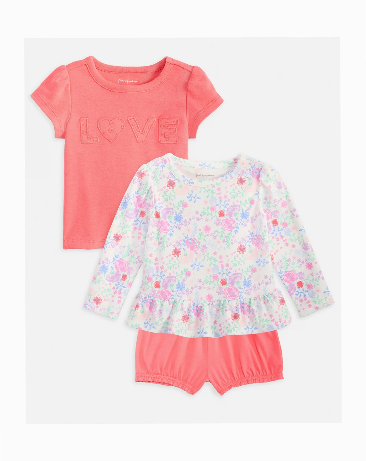 Baby Girls Toddler 2T-4T Love Top, Floral Top & Ruffled Bubble Shorts, Macy's Exclusive