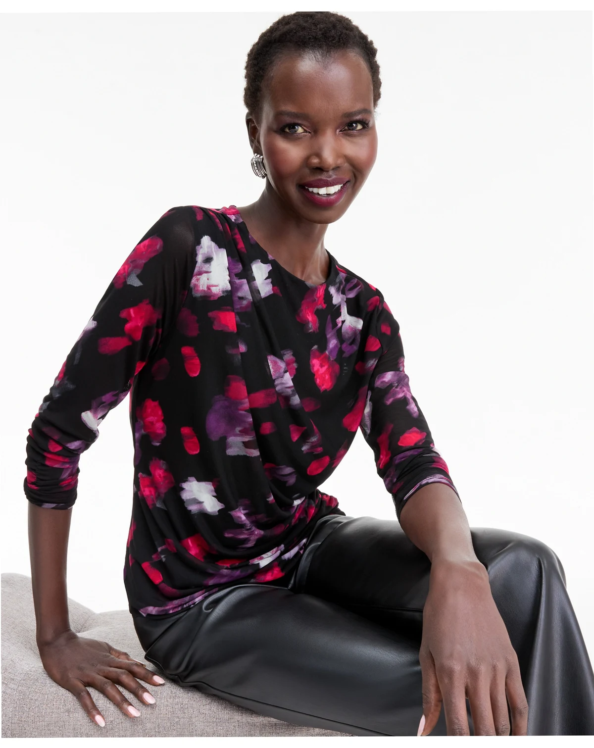 Women's Printed Long-Sleeve Draped Mesh Top