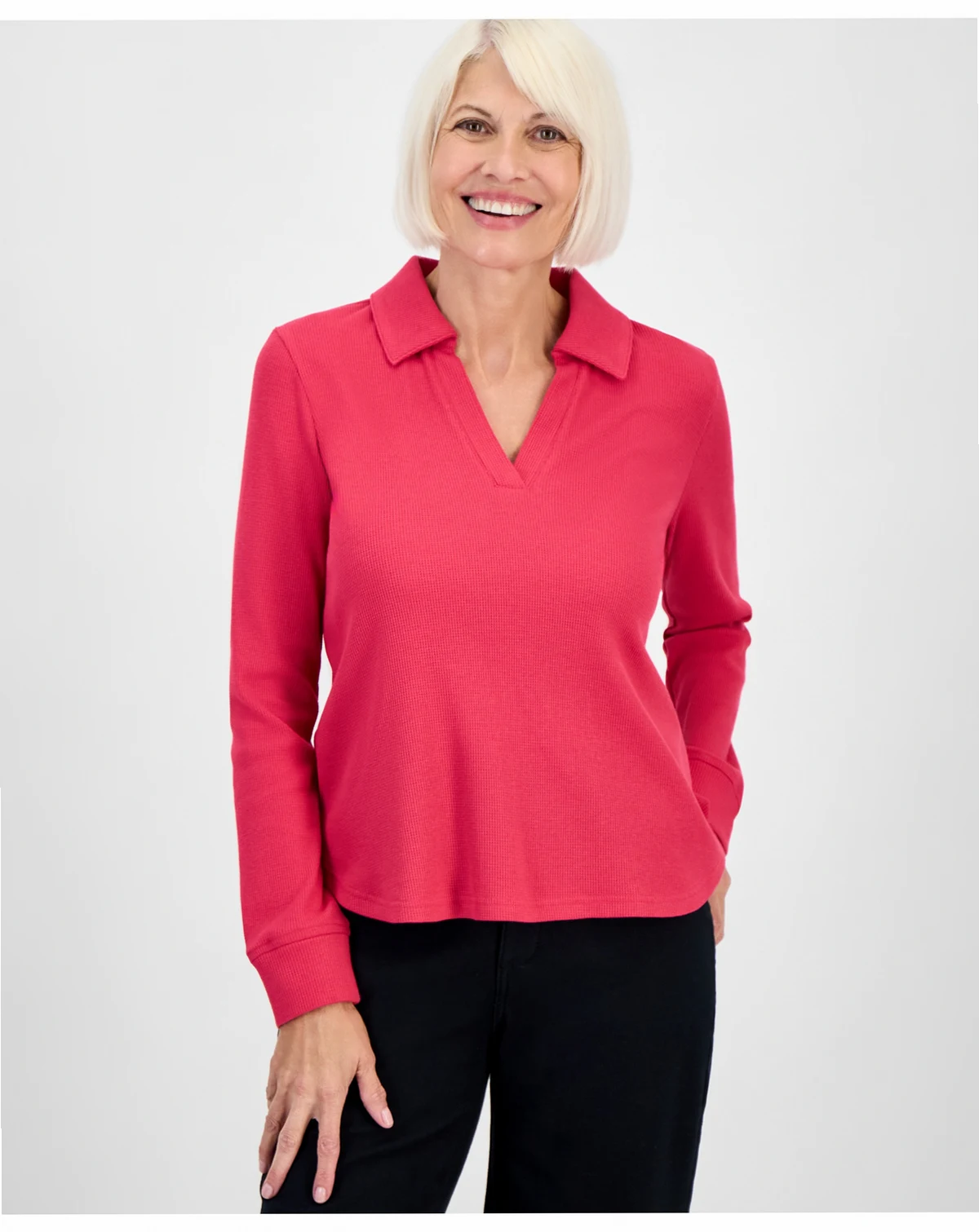 Petite Collared Long-Sleeve Thermal Top, Macy's Exclusive