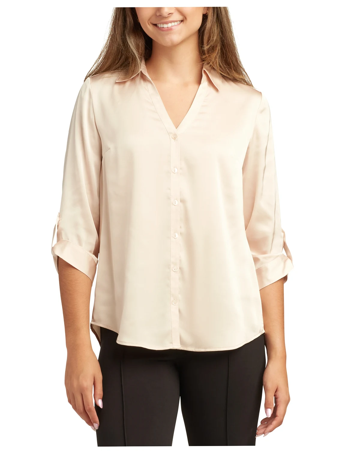 Women's Stretch Satin Button-Up 3/4-Sleeve Top