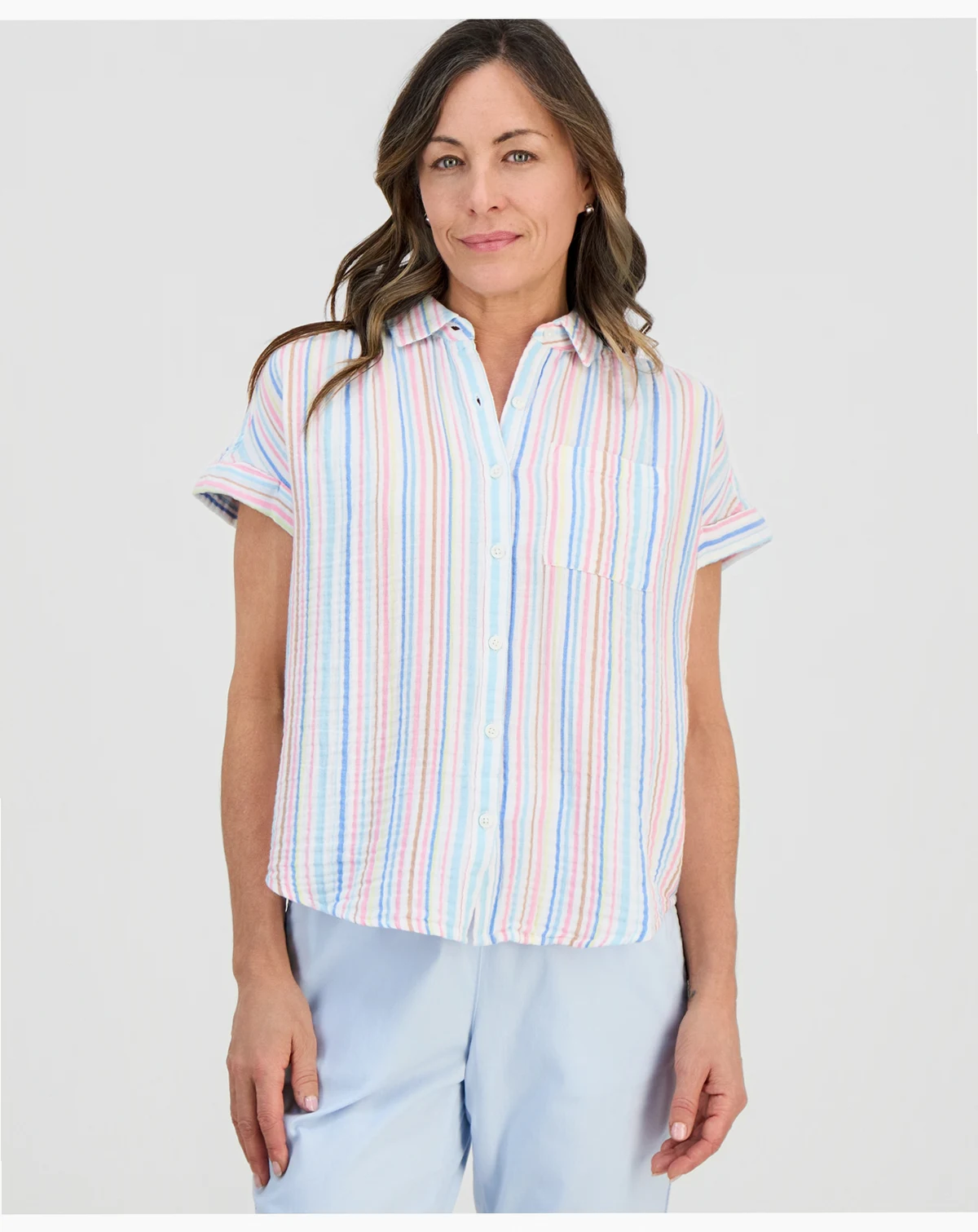 Petite Cotton Striped Camp Shirt, Macy's Exclusive