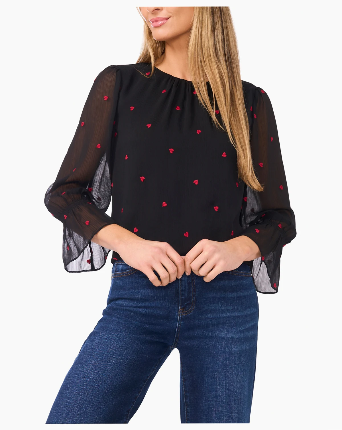 Women's Valentine's Heart Embroidered Shirred Neck Ruffle 3/4-Sleeve Top