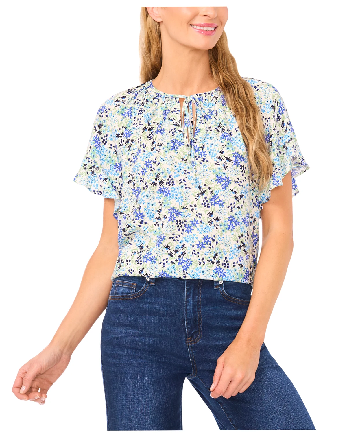 Women's Shirred Short-Sleeve Front Keyhole Top