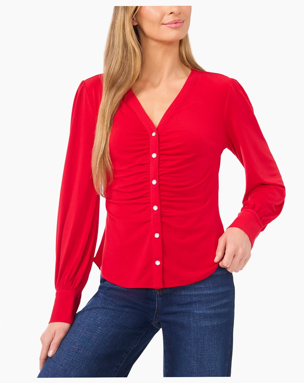 Women's V-Neck Long-Sleeve Shirred Knit Top
