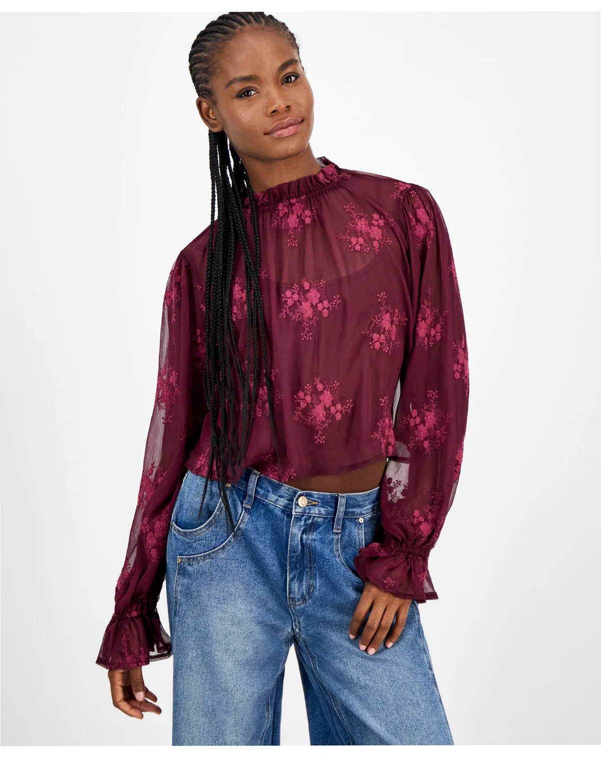Women's Embroidered Sheer High-Neck Blouse, Macy's Exclusive