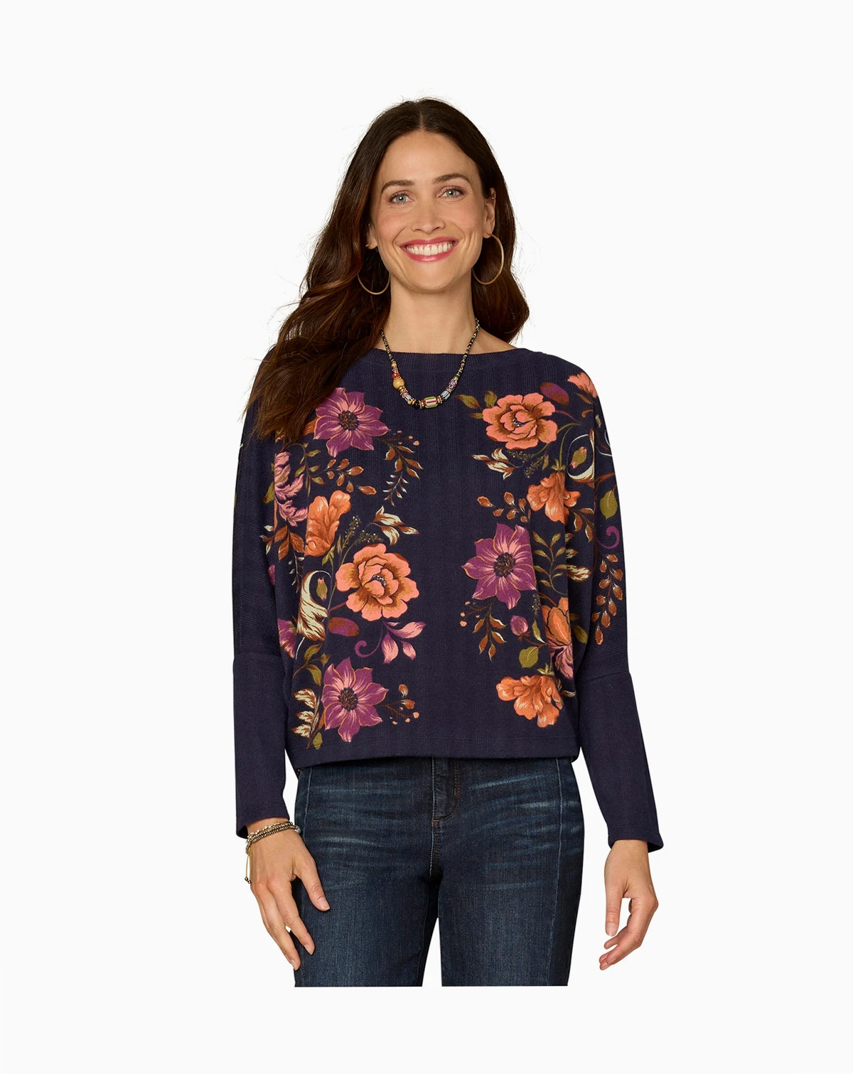 Petite Long-Sleeve Batwing Surplus Placement Print Knit Top