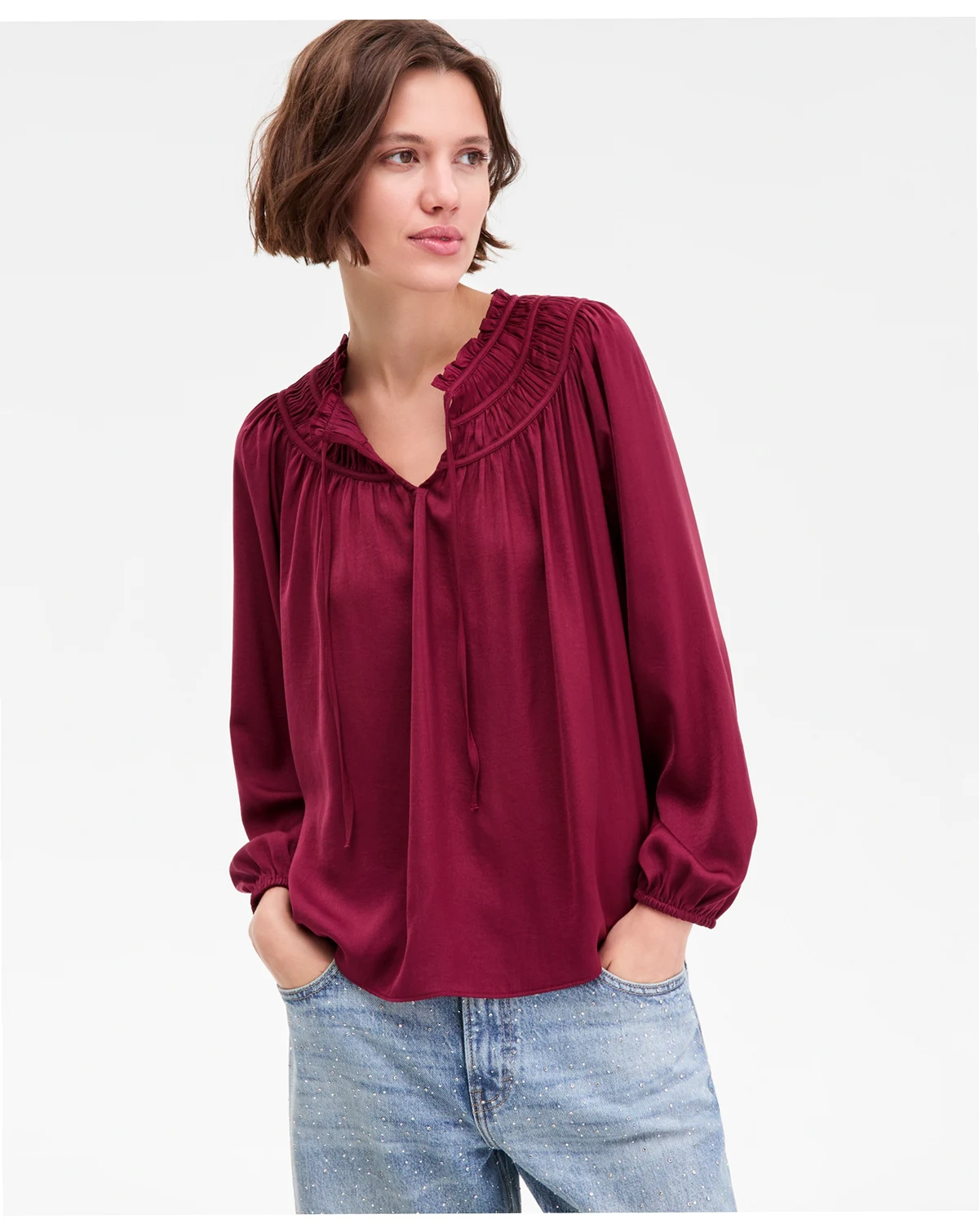 Women's Ruched Long-Sleeve Peasant Top
