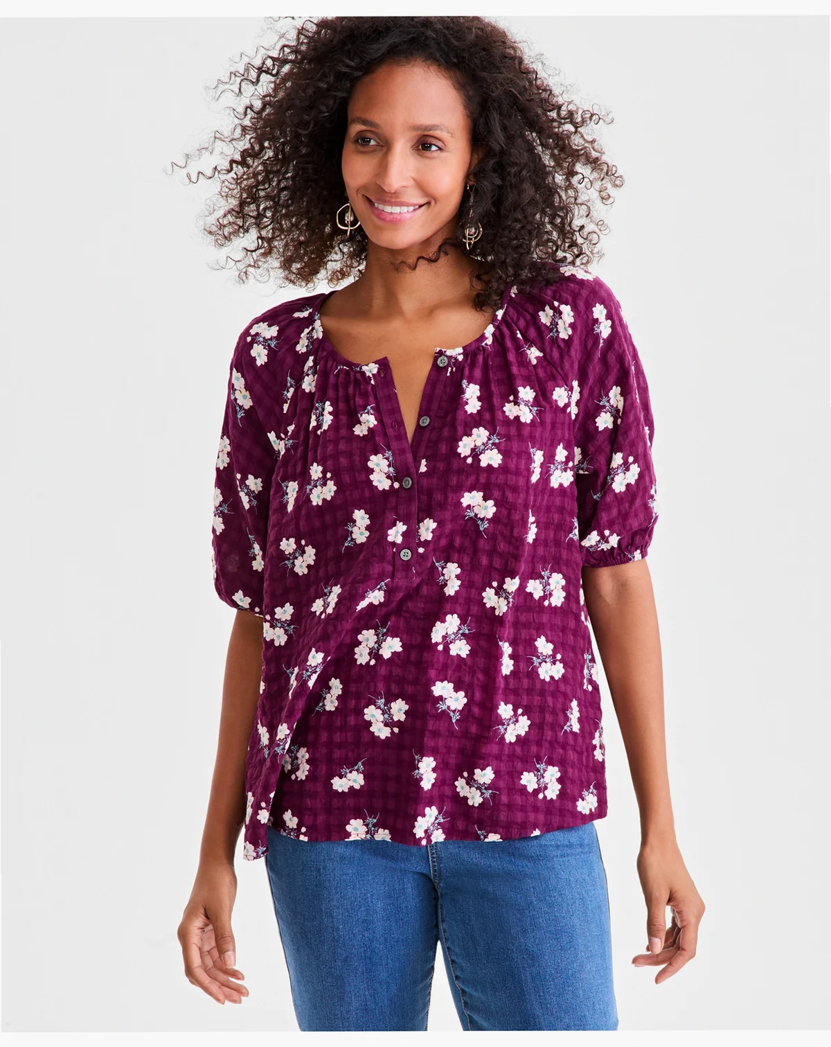 Women's Printed Seersucker Split Neck Top, Macy's Exclusive