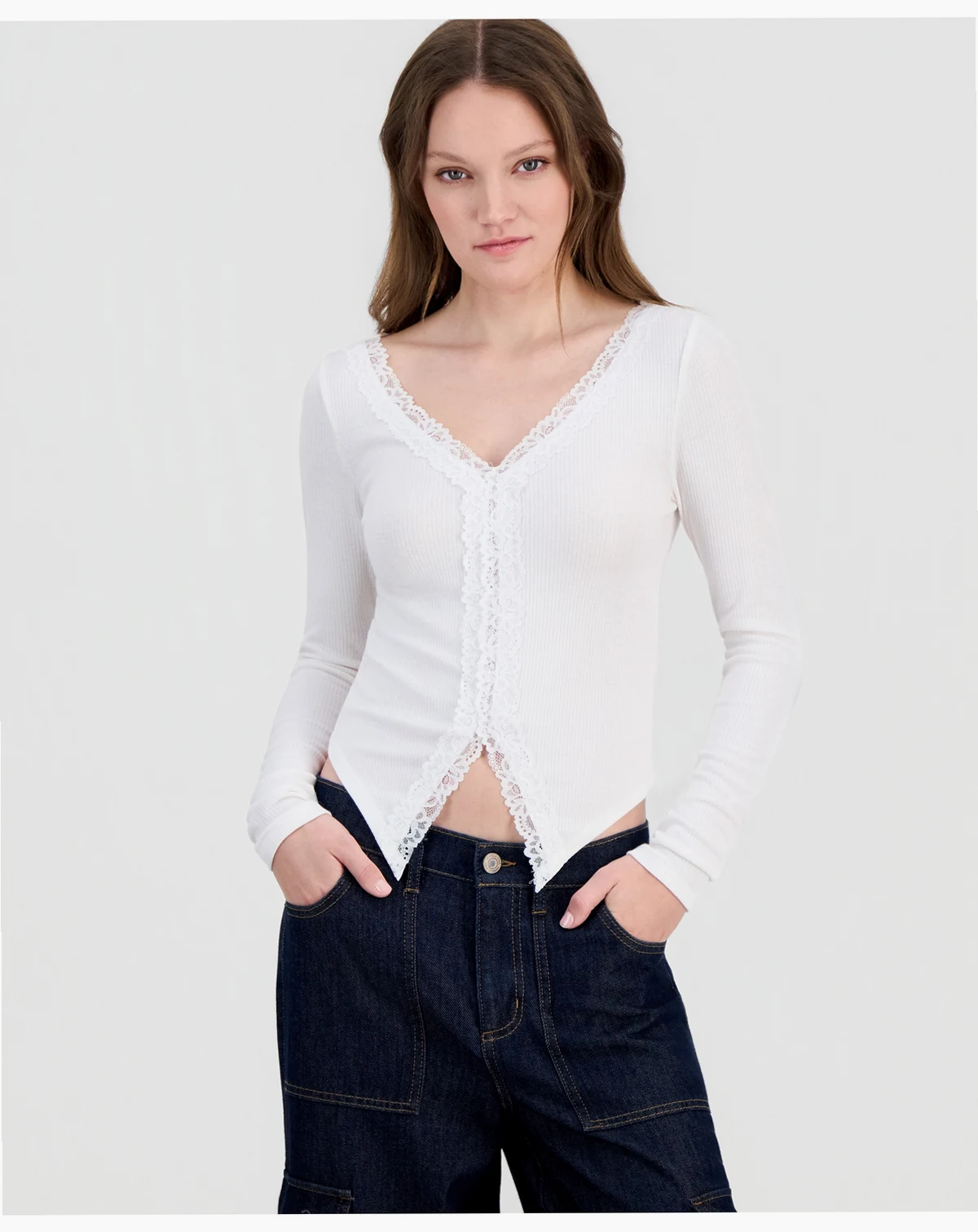 Juniors' Lace-Trim Long-Sleeve Ribbed Top