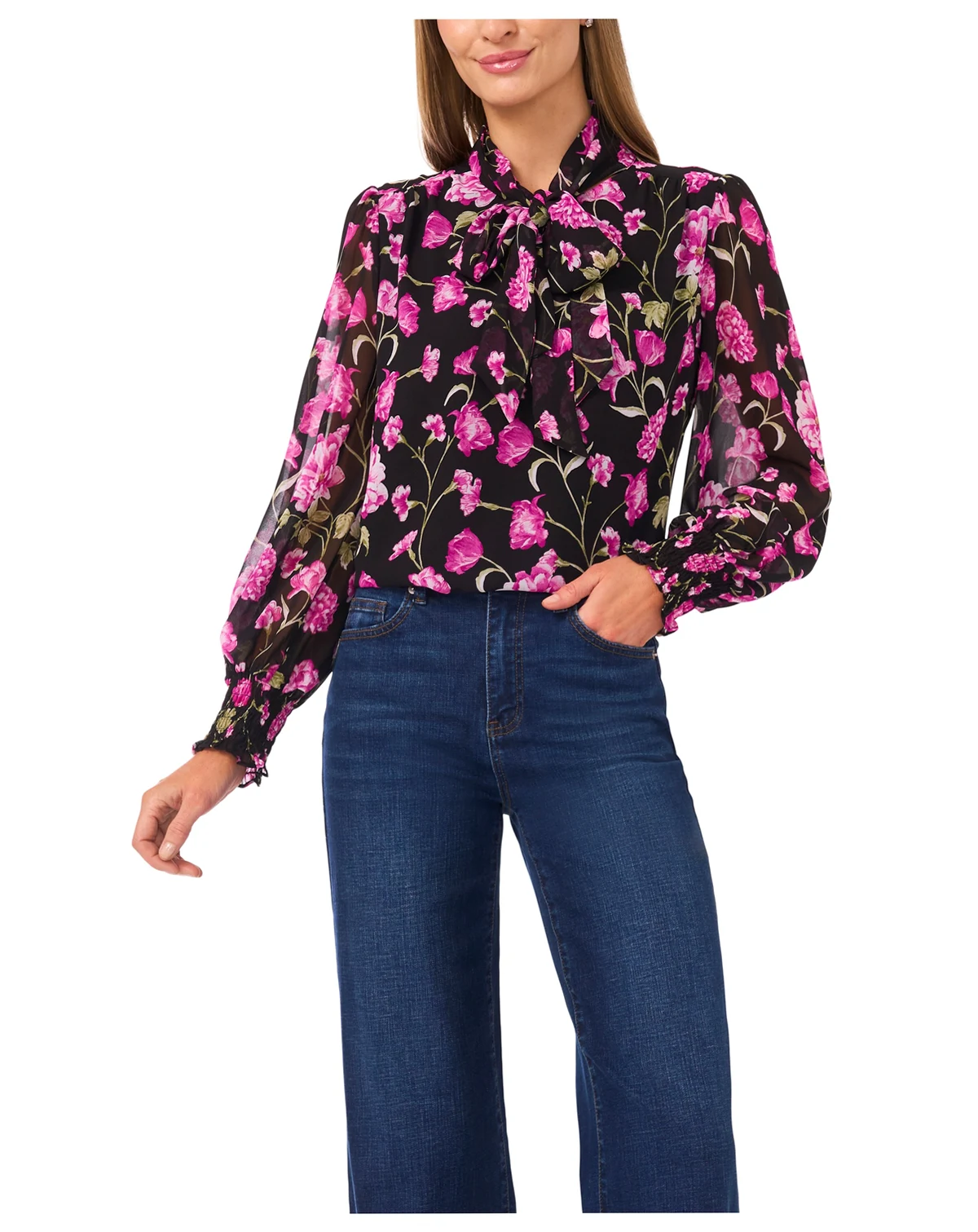 Women's Long-Sleeve Keyhole Bow Tie Smocked Cuff Top