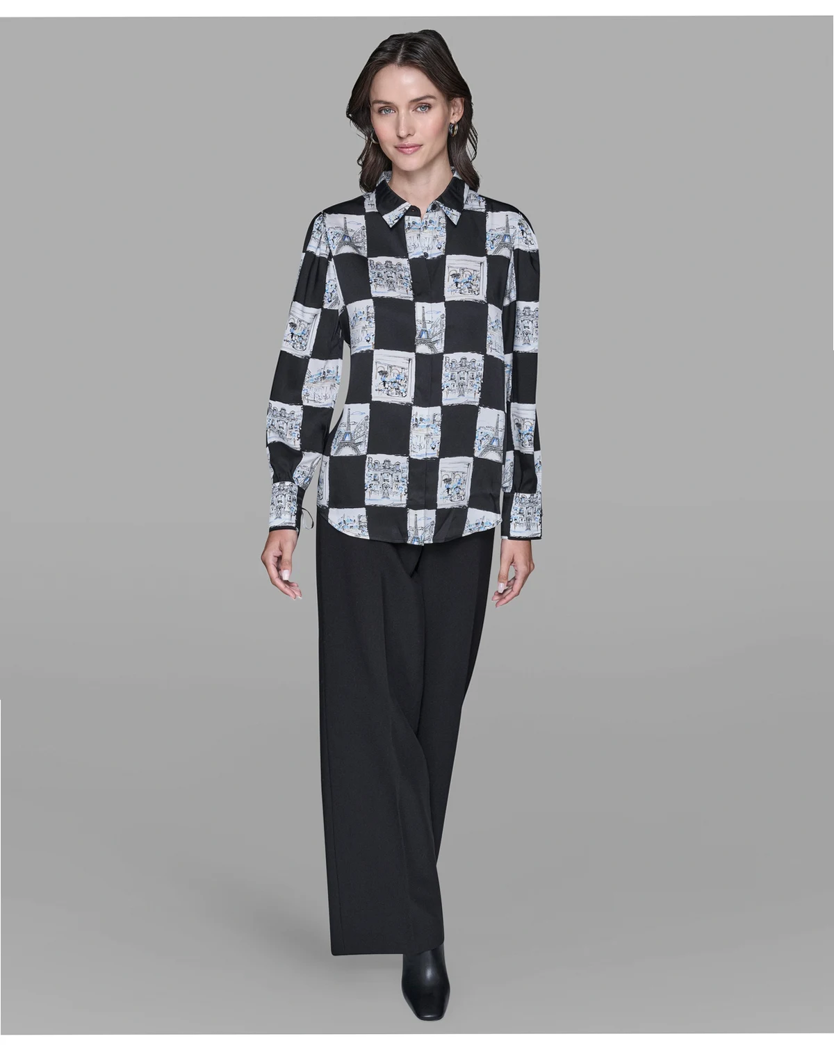 Women's Printed Collared Long-Sleeve Blouse