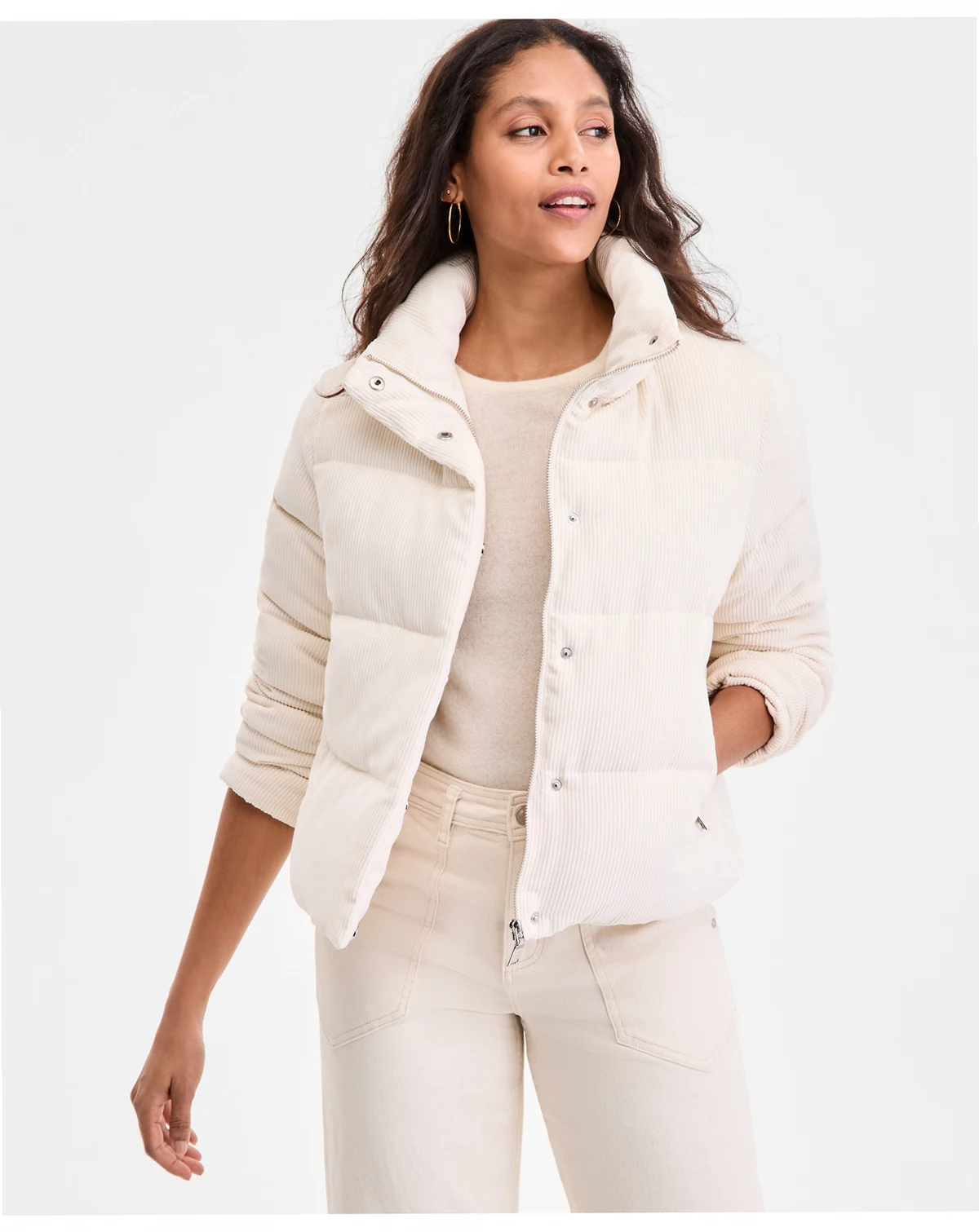 Women's Corduroy Zip-Front Puffer Coat