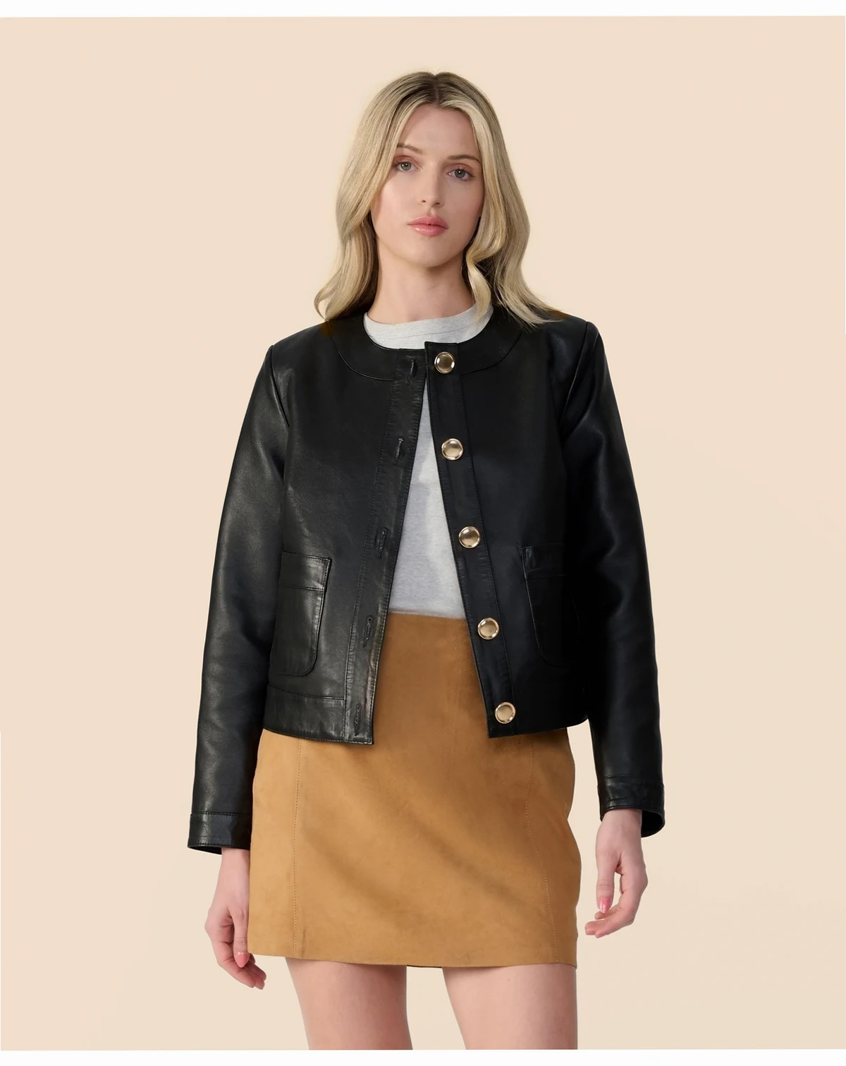Women's Cropped Leather Jacket With Gold Buttons, Created for Macy s